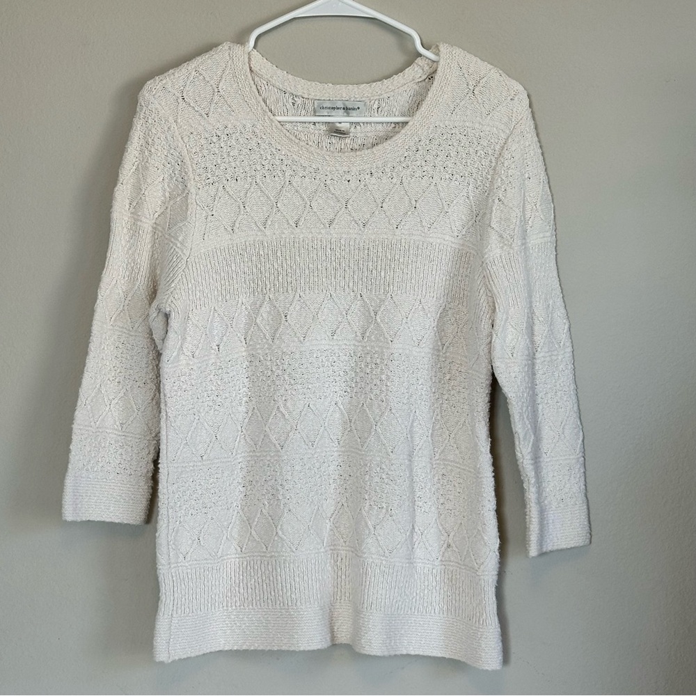 Christopher & Banks Beige Cream Textured 3/4 Sleeve Cotton Sweater Size Medium